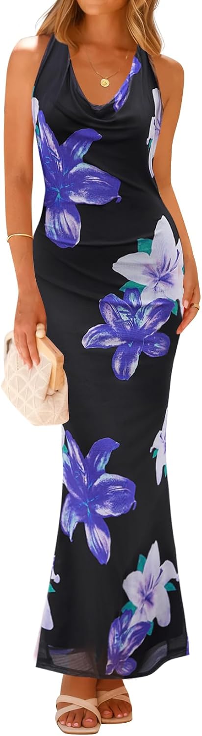 ZESICA Women's Summer Floral Halter Neck Sleeveless Maxi Dress | Elegant Backless Bodycon Long Dresses, Wedding Guest Cocktail Party Vacation Beach Dresses, 2026 Fashion Sundress