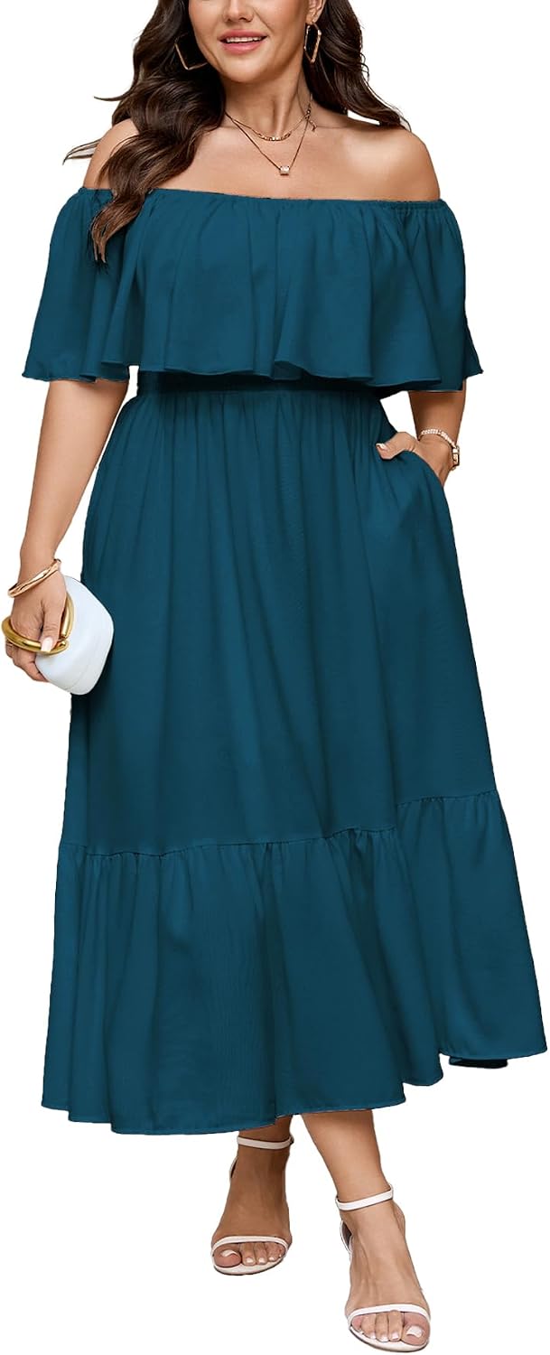 SCOMCHIC Womens Plus Size Wedding Guest Cocktail Dresses | Off The Shoulder, Smocked Waist， Ruffle Slit， Maxi Dress with Pockets