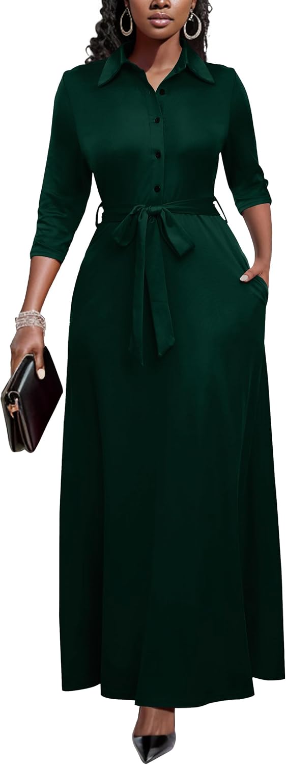 Runwind Womens Maxi Dress 3\/4 Sleeve Button Down Church Dress with Pockets | lapel neck tie waist long dress with belt\/ casual bussiness office dress\/ elegant for wedding guest, dinner party