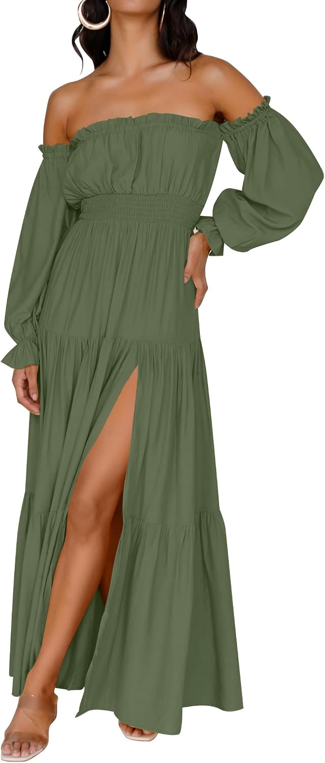 ZESICA Womens Fall Long Sleeve Boho Off Shoulder Maxi Dresses | Sexy Side Split, Flowy A Line, Puff\/Lantern Sleeve, High Waist, 2026 Trendy Long Dress, Wedding Guest Dress, Maternity Dress