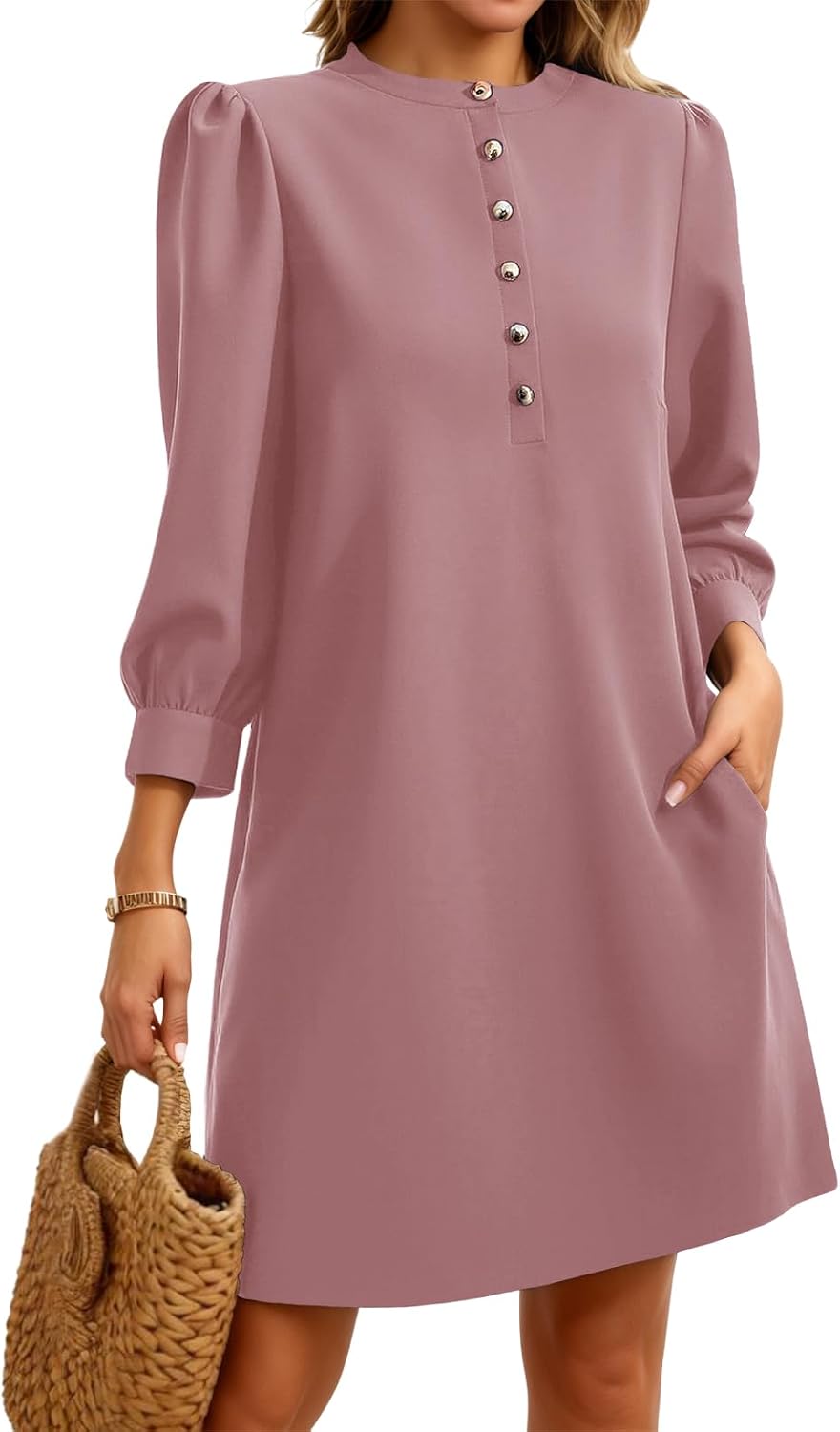 Wenrine Womens 3\/4 Puff Sleeve Mini Dress Button Crewneck Elegant Casual Business Shift Dresses 2026