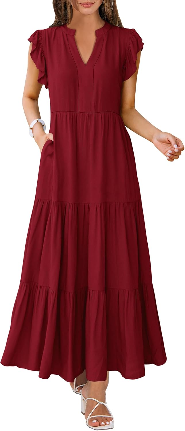 ANRABESS Womens Summer Dress Ruffle Sleeve V Neck Vacation Maxi Dresses | Flowy Tiered Boho Beach Sundress, Casual Fit Long Dress with Pockets, Soft Fashion Work Outfits 2026