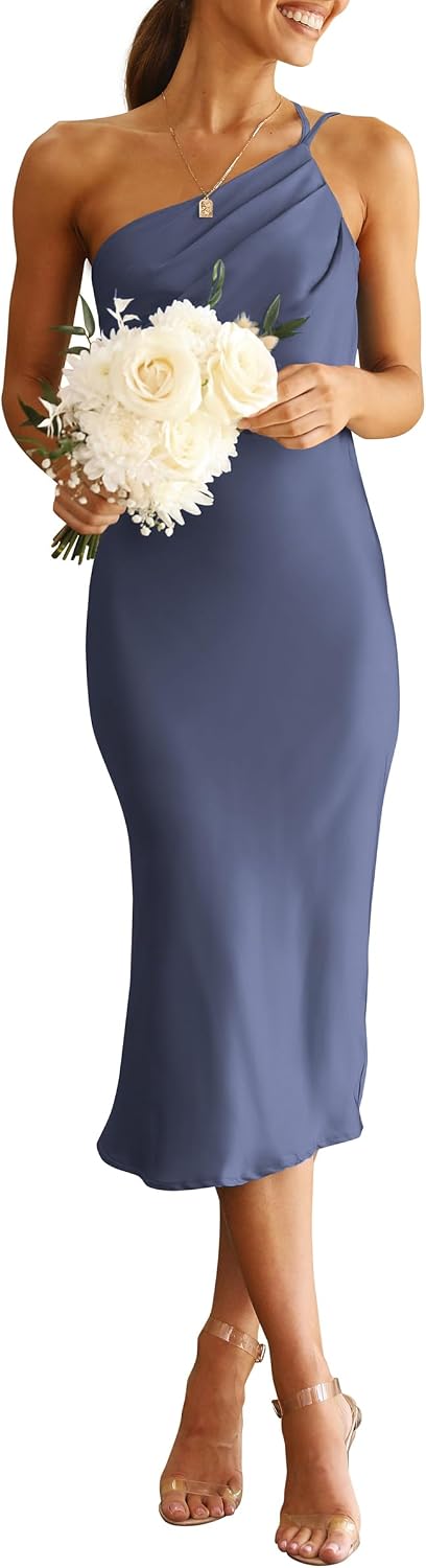 PRETTYGARDEN Women's Satin Backless Midi Cocktail Dress | Silk Fabric, Spaghetti Strap, One Shoulder Asymmetrical, Ruched Bodycon, Wedding Guest Party, Semi Formal Summer Outfits