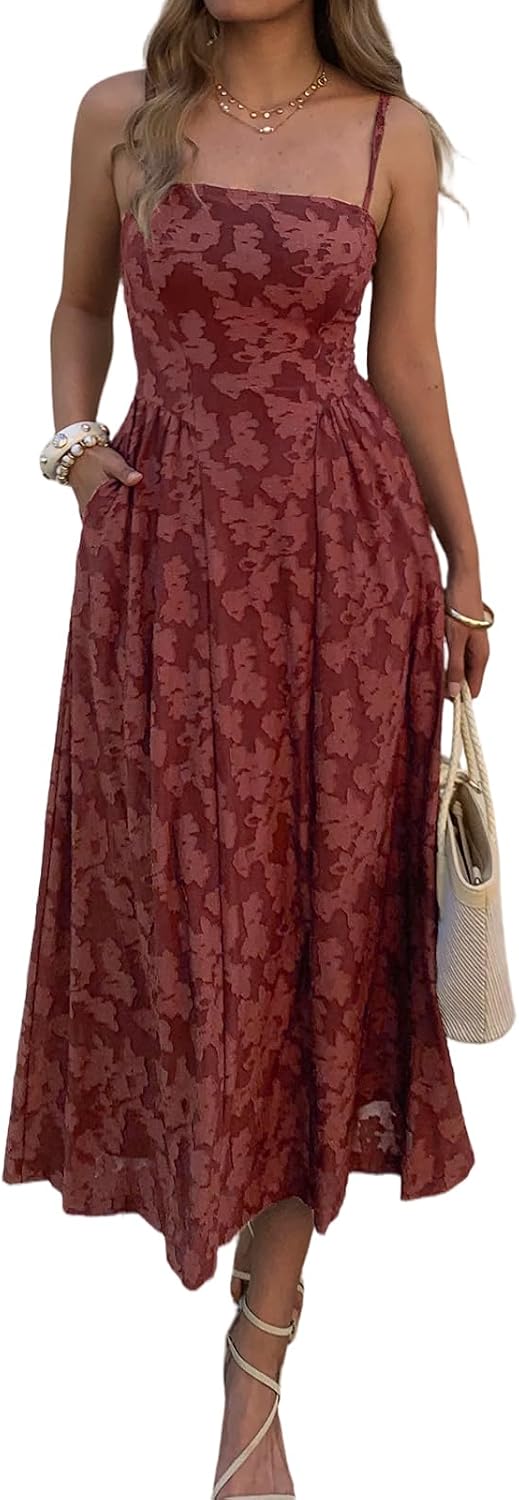 Evzeiem Women's Wedding Guest Spaghetti Strap Maxi Dress with Pockets | Square Neck Floral Jacquard, Flowy A\u2011line Cut, Boho Casual Summer Long Sundress for Cocktail, Bridal Shower & Beach Vacation