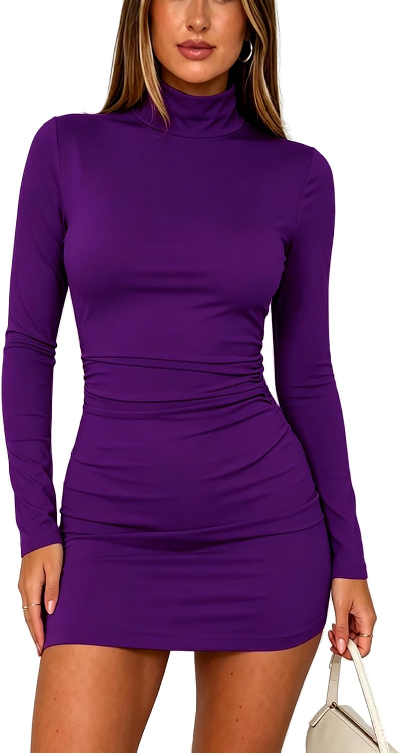 ForeFair Womens Turtleneck Long Sleeve Bodycon Mini Dress Casual Going Out