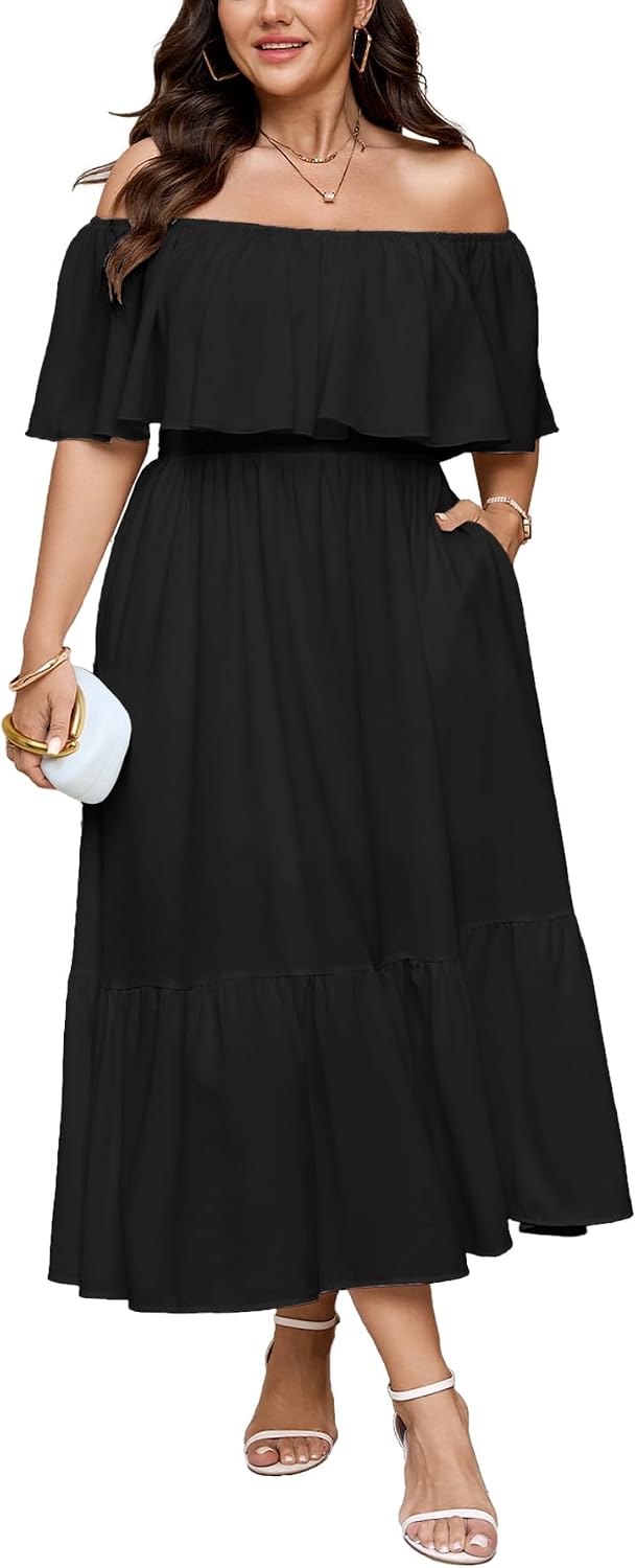 SCOMCHIC Womens Plus Size Wedding Guest Cocktail Dresses | Off The Shoulder, Smocked Waist， Ruffle Slit， Maxi Dress with Pockets