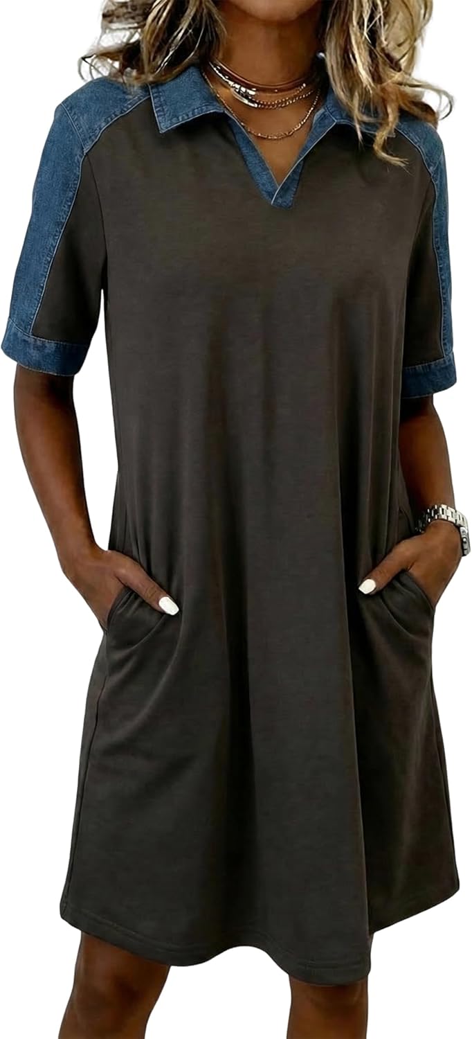 SELINK Patchwork Denim Dress for Women Cute Polo T-Shirt Dress | Short Sleeve Polo Dresses with Collar,Ladies Ribbed Knit Jean Dress,Button Up Summer Dress,Perfect for Casual Daily Wear