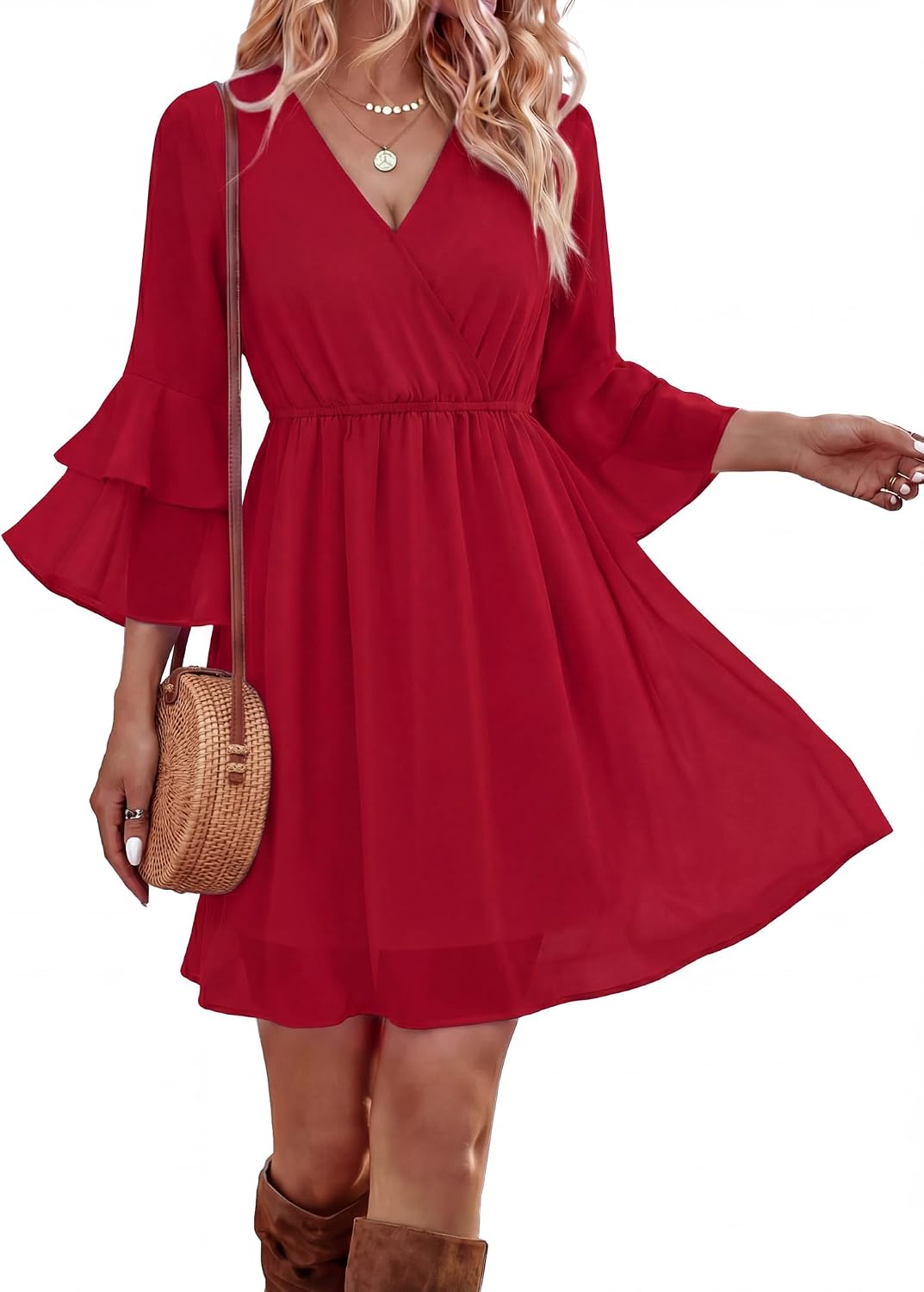 Bebonnie Womens 3\/4 Ruffle Sleeve Spring Summer Casual V Neck Flowy Chiffon Layers Dresses