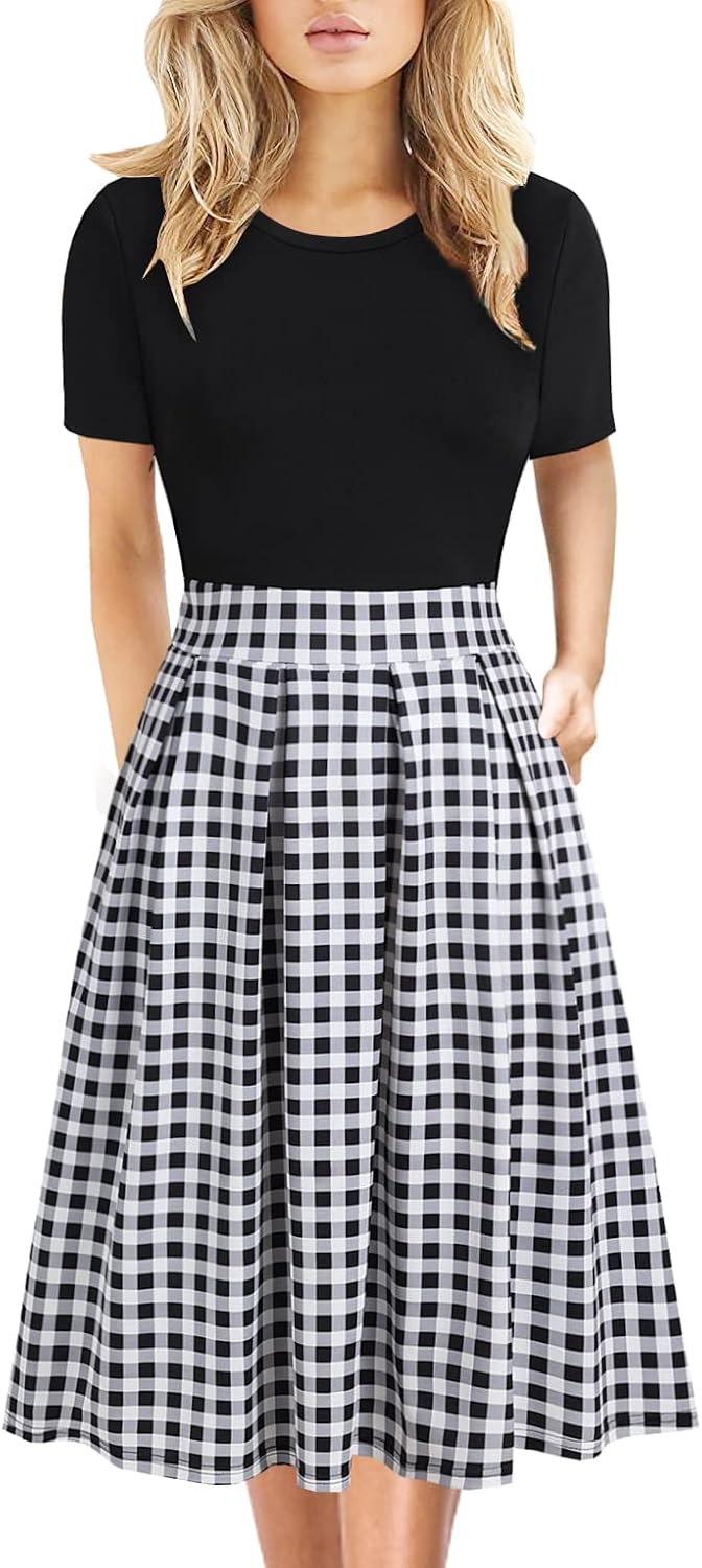 Women's Elegant Knee Length Dresses Vintage Summer Office Casual Floral Print Work Party A-Line Swing Dress with Pockets 162