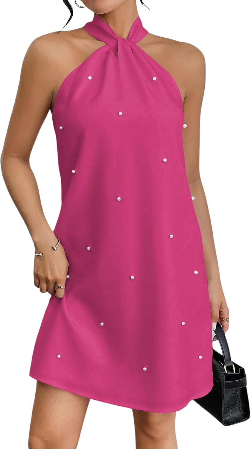 Floerns Women's Pearl Beaded Halter Twist Sleeveless Tie Back Dress | Garden Wedding Guest, Cocktail, Going Out, Pretty A Line, Vacation, Summer, Elegant Casual Outfit