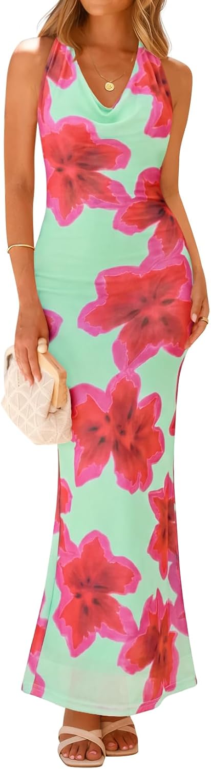 ZESICA Women's Summer Floral Halter Neck Sleeveless Maxi Dress | Elegant Backless Bodycon Long Dresses, Wedding Guest Cocktail Party Vacation Beach Dresses, 2026 Fashion Sundress