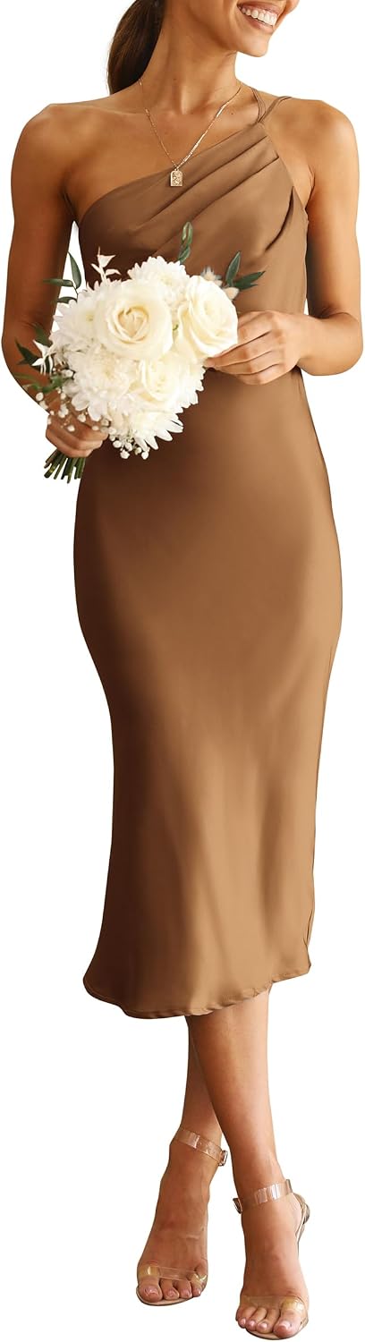 PRETTYGARDEN Women's Satin Backless Midi Cocktail Dress | Silk Fabric, Spaghetti Strap, One Shoulder Asymmetrical, Ruched Bodycon, Wedding Guest Party, Semi Formal Summer Outfits