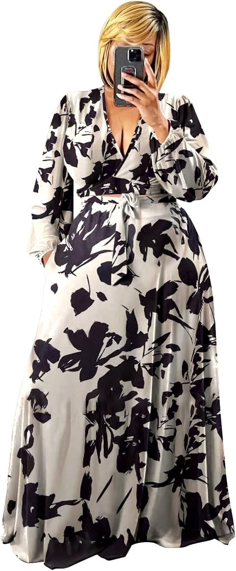 Plus Size Women's 2 Piece Outfits Casual Long Sleeve Wrap Crop Top Maxi Long Dress Flowy Matching Sets