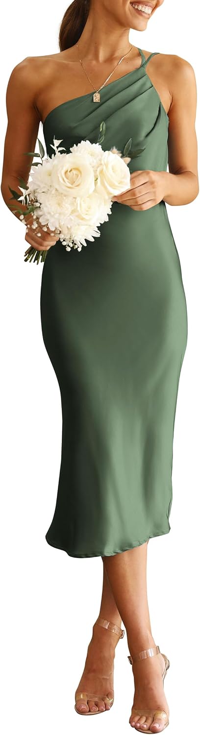 PRETTYGARDEN Women's Satin Backless Midi Cocktail Dress | Silk Fabric, Spaghetti Strap, One Shoulder Asymmetrical, Ruched Bodycon, Wedding Guest Party, Semi Formal Summer Outfits