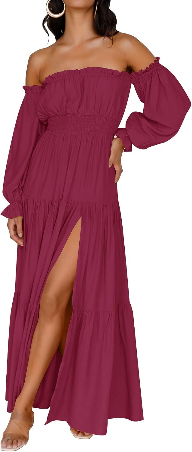 ZESICA Womens Fall Long Sleeve Boho Off Shoulder Maxi Dresses | Sexy Side Split, Flowy A Line, Puff\/Lantern Sleeve, High Waist, 2026 Trendy Long Dress, Wedding Guest Dress, Maternity Dress