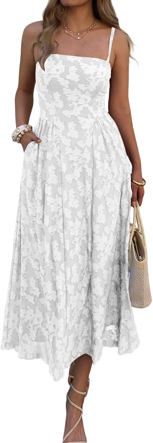 Evzeiem Women's Wedding Guest Spaghetti Strap Maxi Dress with Pockets | Square Neck Floral Jacquard, Flowy A\u2011line Cut, Boho Casual Summer Long Sundress for Cocktail, Bridal Shower & Beach Vacation