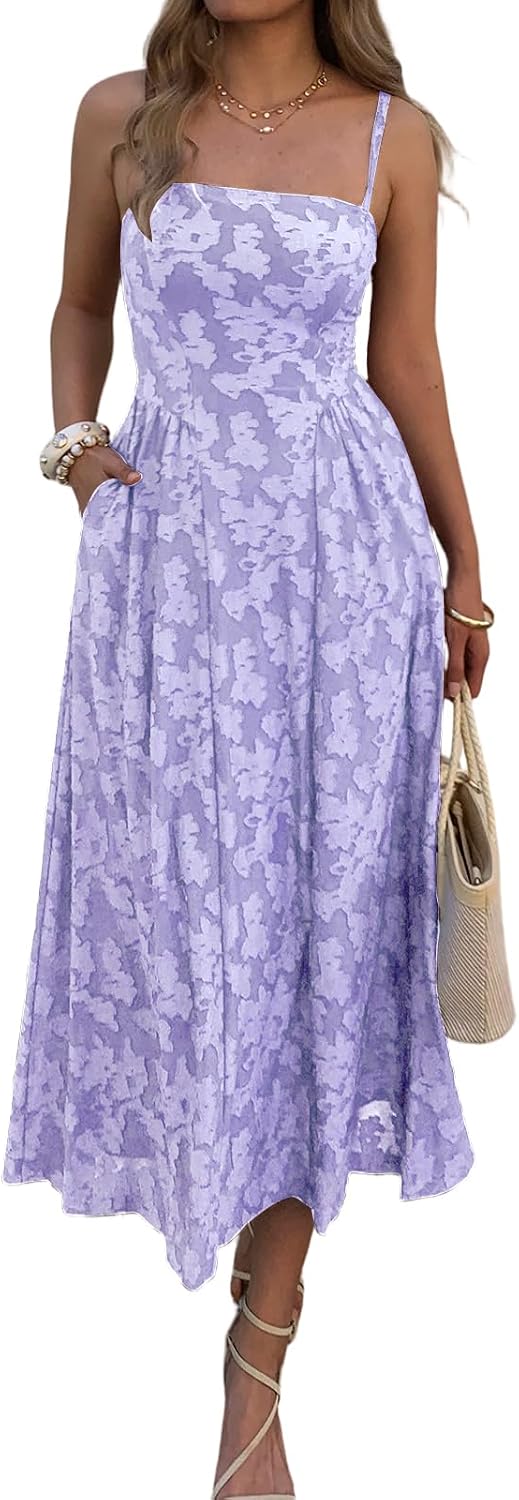 Evzeiem Women's Wedding Guest Spaghetti Strap Maxi Dress with Pockets | Square Neck Floral Jacquard, Flowy A\u2011line Cut, Boho Casual Summer Long Sundress for Cocktail, Bridal Shower & Beach Vacation