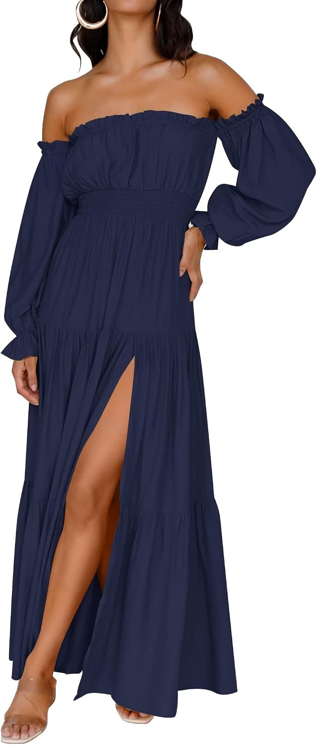 ZESICA Womens Fall Long Sleeve Boho Off Shoulder Maxi Dresses | Sexy Side Split, Flowy A Line, Puff\/Lantern Sleeve, High Waist, 2026 Trendy Long Dress, Wedding Guest Dress, Maternity Dress