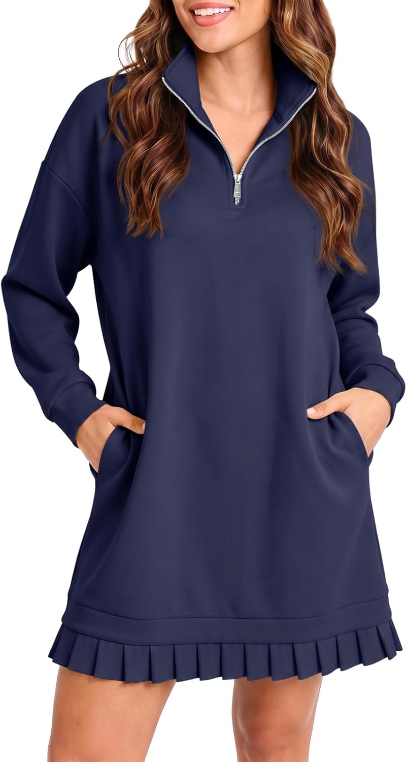 Fisoew Womens Casual Dress Half Zip Pleated Collared Sweatshirt Dresses | Long Sleeve, V Neck, Pockets, Stand Collar, Quarter Zip, Loose Fit, Active, Workout, Cozy, Travel, Vacation, Tunic, Tshirt