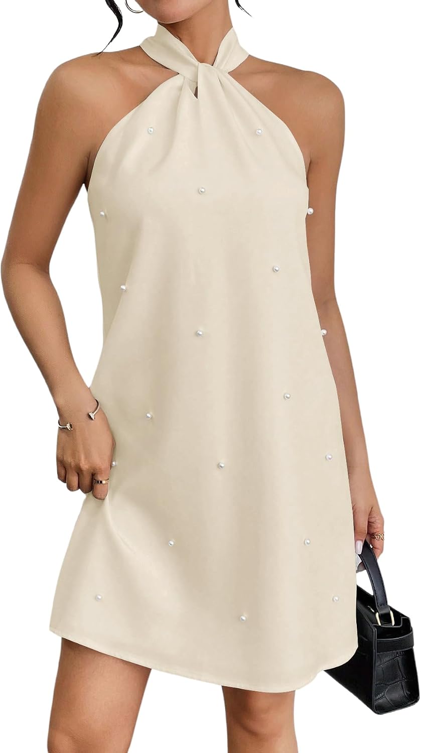 Floerns Women's Pearl Beaded Halter Twist Sleeveless Tie Back Dress | Garden Wedding Guest, Cocktail, Going Out, Pretty A Line, Vacation, Summer, Elegant Casual Outfit