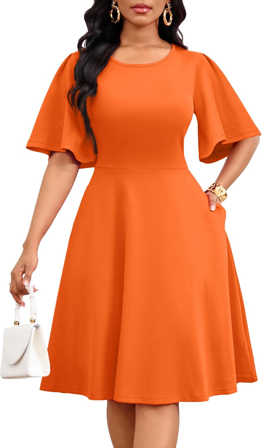 Nmoder Women Ruffle Flared Sleeve Wedding Guest Church A-Line Midi Dress | Flowy short sleeve hiding the arm, practical pockets and zipper, classic crewneck, light and breathable fabric for summer