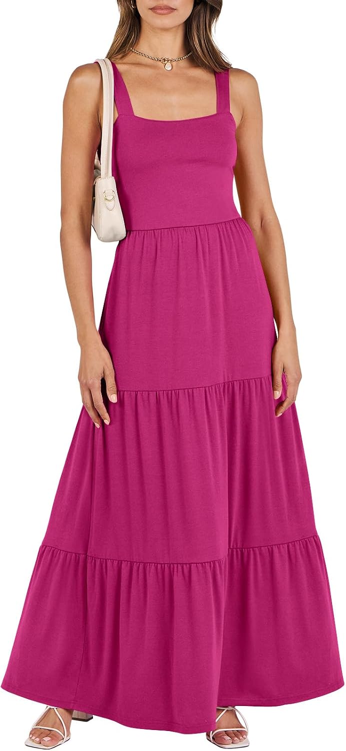 ANRABESS Women's Summer Flowy Maxi Dress Square Neck Sundress with Pockets | Casual Beach Travel Vacation Sleeveless Sun Dress, A-line Boho Tiered Tank Top Long Dresses