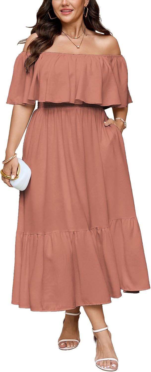 SCOMCHIC Womens Plus Size Wedding Guest Cocktail Dresses | Off The Shoulder, Smocked Waist， Ruffle Slit， Maxi Dress with Pockets