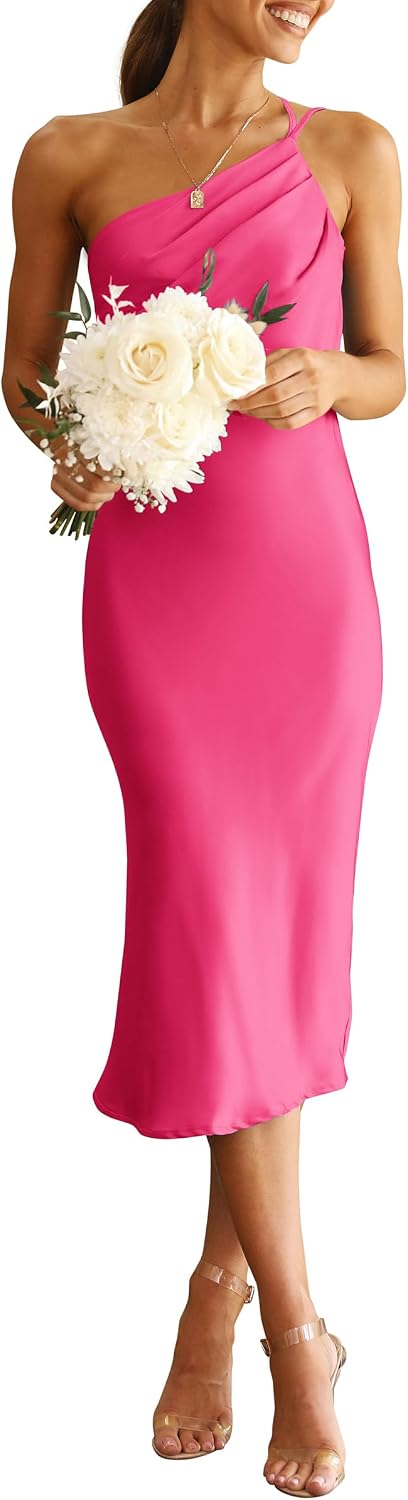 PRETTYGARDEN Women's Satin Backless Midi Cocktail Dress | Silk Fabric, Spaghetti Strap, One Shoulder Asymmetrical, Ruched Bodycon, Wedding Guest Party, Semi Formal Summer Outfits