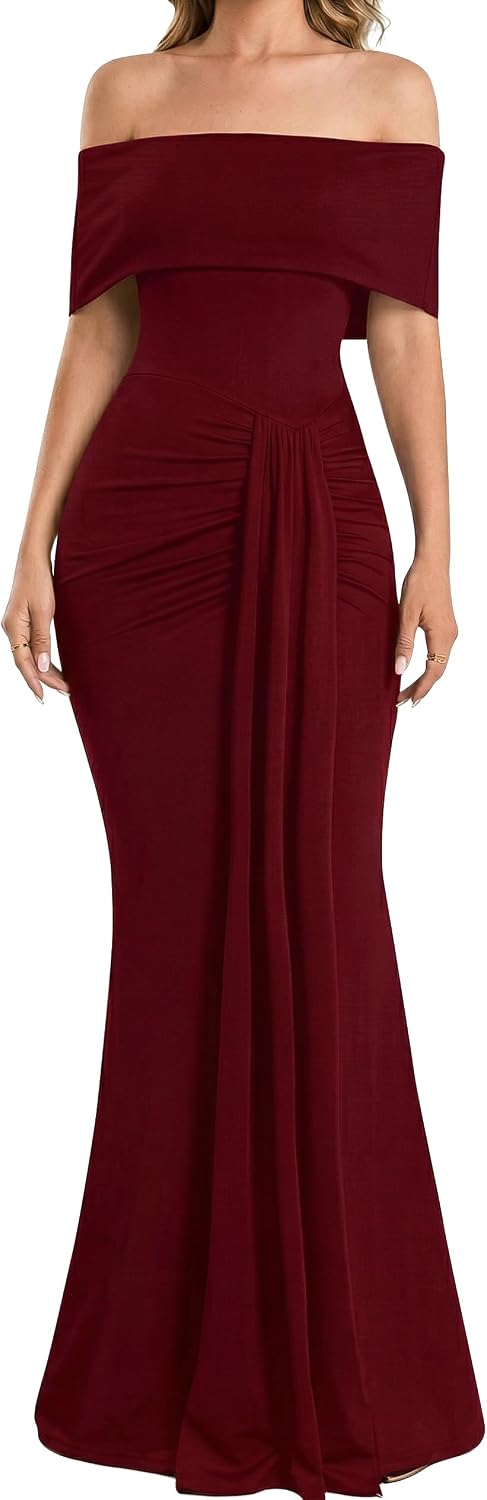 YMDUCH Women's Elegant Off Shoulder Sleeveless Long Formal Dress | Stretch,Ruched,Bodycon,Mermaid,Slim Fit,Solid,Evening,Wedding Guest,Birthday,Bridesmaid,Cocktail,Maxi,Fashion
