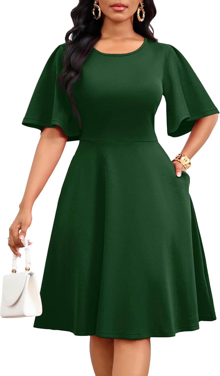 Nmoder Women Ruffle Flared Sleeve Wedding Guest Church A-Line Midi Dress | Flowy short sleeve hiding the arm, practical pockets and zipper, classic crewneck, light and breathable fabric for summer