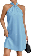 Floerns Women's Pearl Beaded Halter Twist Sleeveless Tie Back Dress | Garden Wedding Guest, Cocktail, Going Out, Pretty A Line, Vacation, Summer, Elegant Casual Outfit