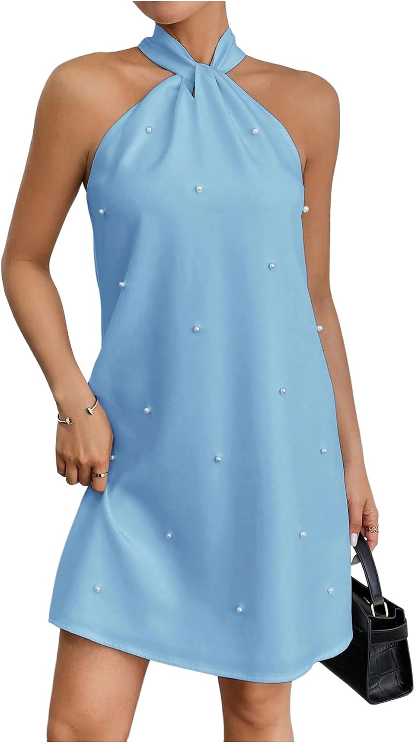 Floerns Women's Pearl Beaded Halter Twist Sleeveless Tie Back Dress | Garden Wedding Guest, Cocktail, Going Out, Pretty A Line, Vacation, Summer, Elegant Casual Outfit