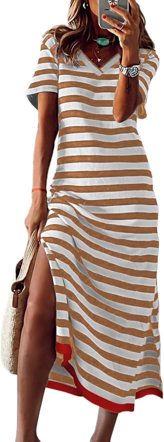 Dokotoo Womens 2026 Short Sleeve Maxi Dress Striped Split T Shirt Dress | Summer Spring Fall,V Neck,Long Dresses,Sundress,Casual Trendy,Vacation Cruise Outfits,Resort Wear