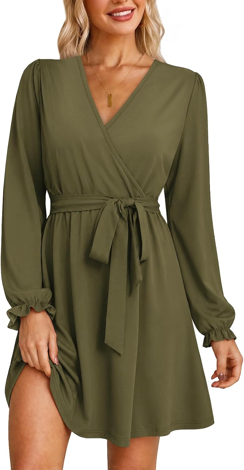 OFEEFAN Womens Wrap V Neck Dress Long Sleeve Belted Fall a Line Dress 2026 | Knee Length Dress,Wedding Guest Dress,Elastic Waist with Belt,Soft Stretch Fabric,Dressy Casual,Solid Floral Prints