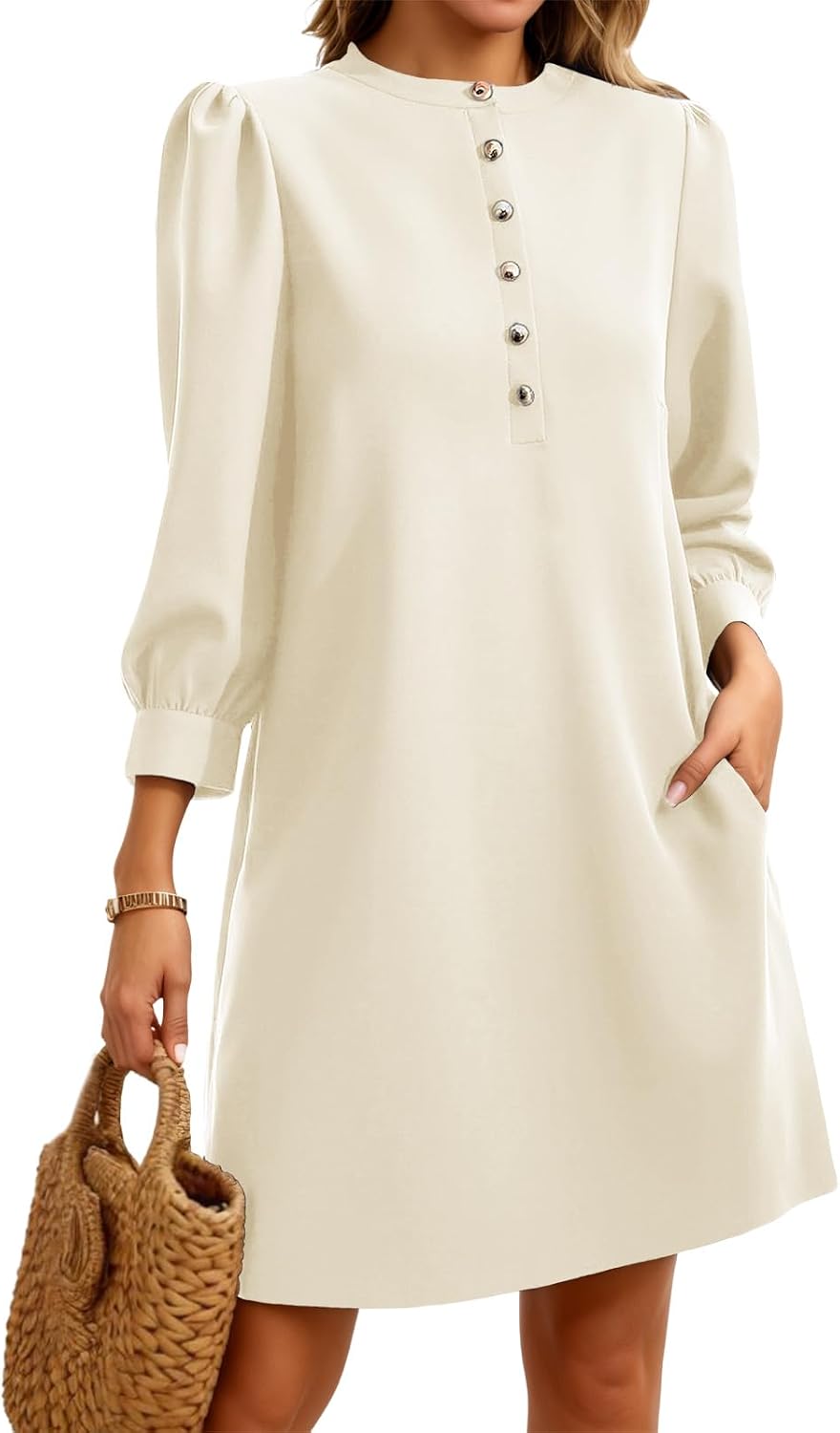 Wenrine Womens 3\/4 Puff Sleeve Mini Dress Button Crewneck Elegant Casual Business Shift Dresses 2026