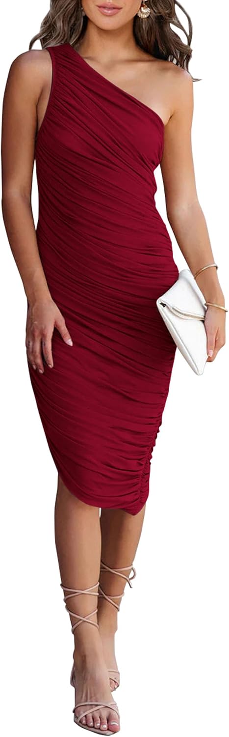 PRETTYGARDEN One Shoulder Midi Dresses for Women Summer | Stretchy Lightweight Mesh, Ruched Asymmetrical, Fitted Bodycon, Elegant Dress for Wedding Guest, Cocktail Party, Date Night