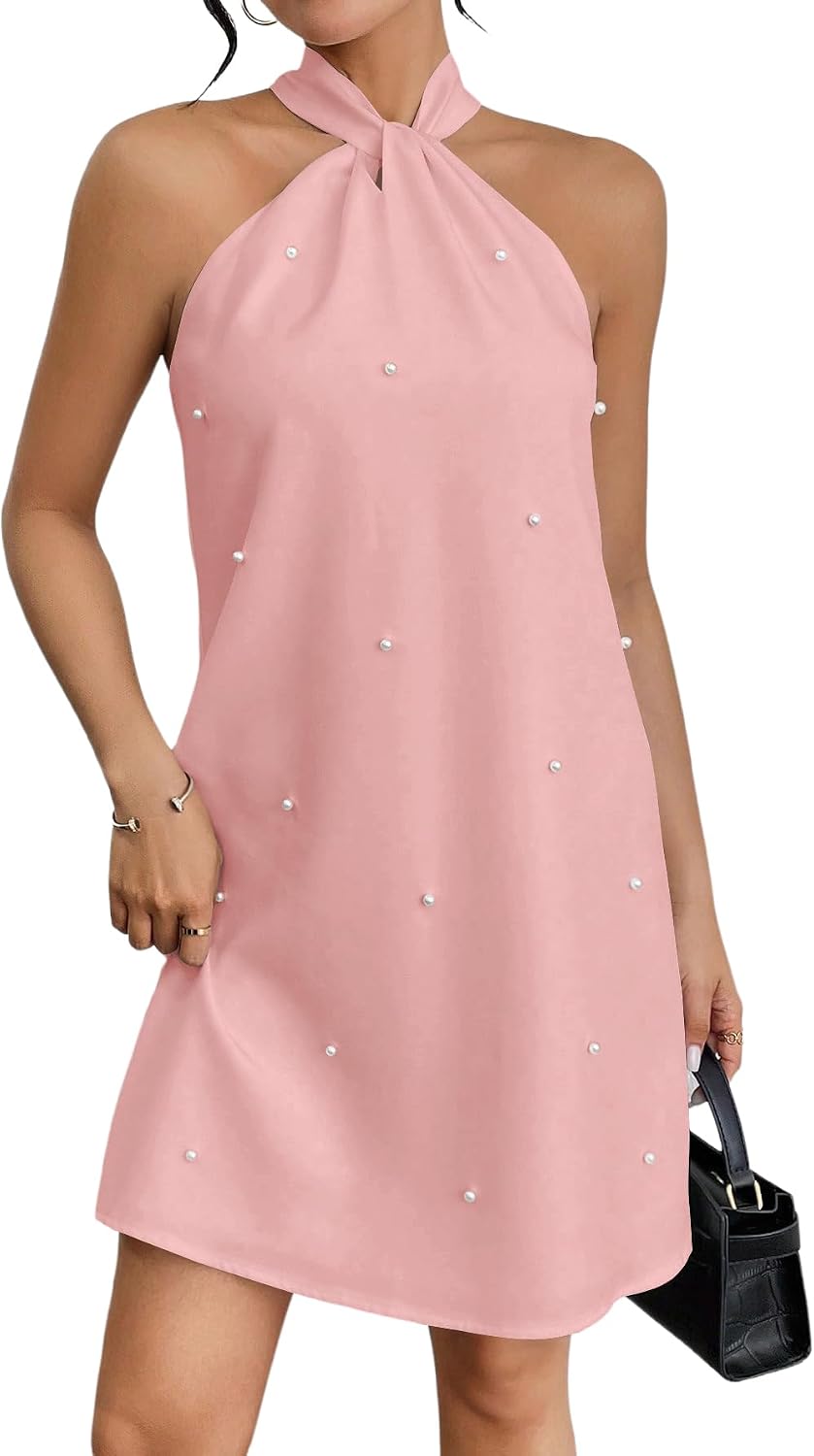 Floerns Women's Pearl Beaded Halter Twist Sleeveless Tie Back Dress | Garden Wedding Guest, Cocktail, Going Out, Pretty A Line, Vacation, Summer, Elegant Casual Outfit