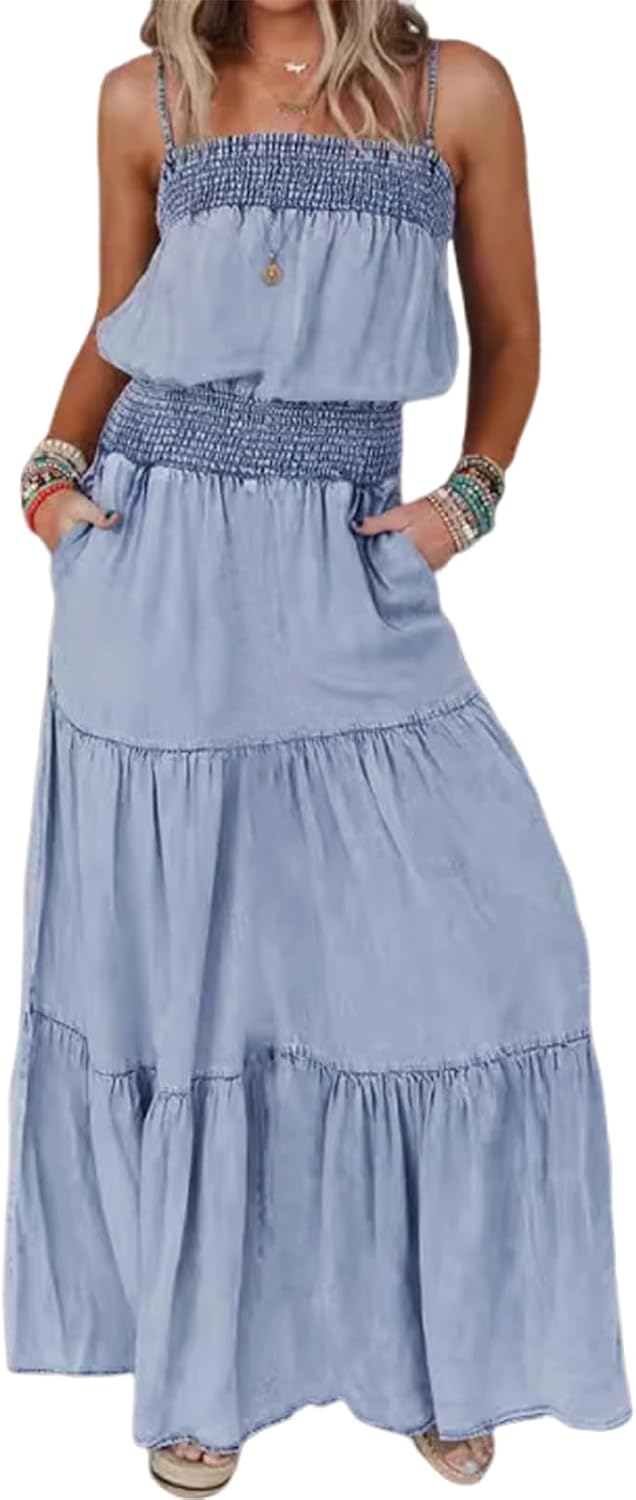 utcoco Women's Summer Beach Boho Smocked Sleeveless Denim Dress Tiered Ruffle A-Line Swing Spaghetti Strap Sundress