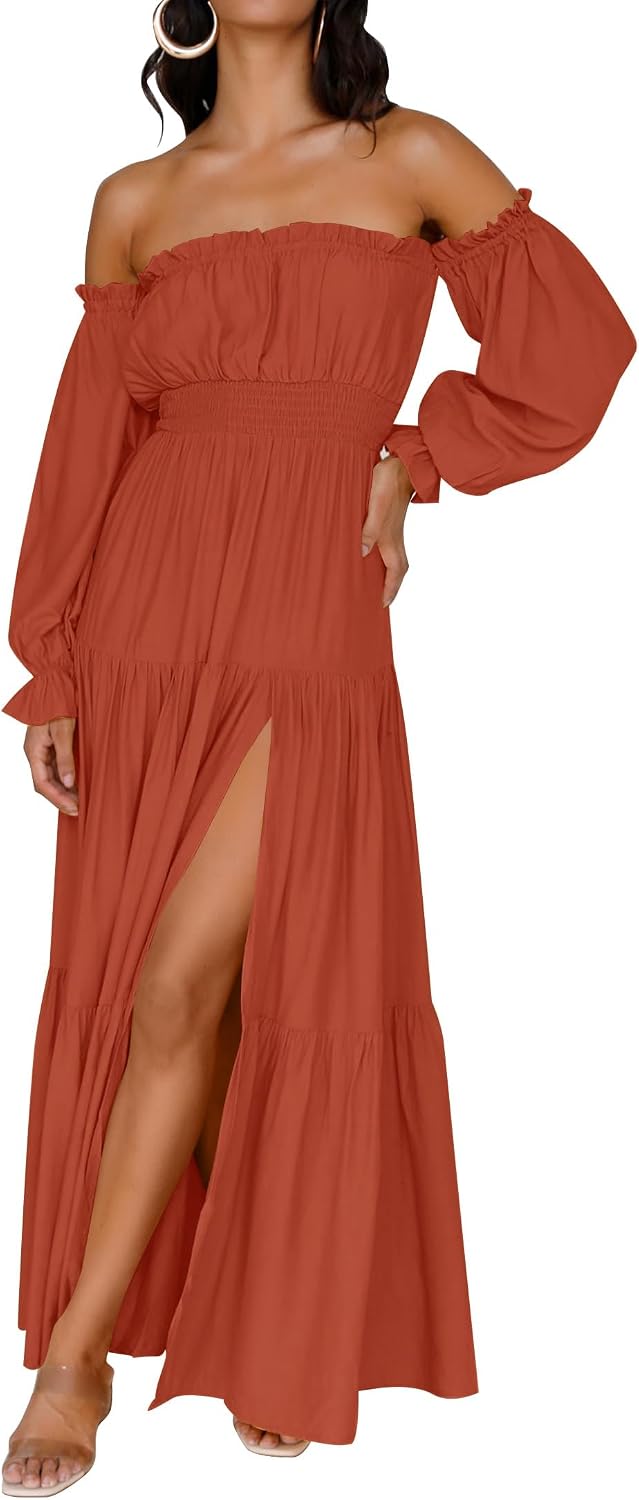 ZESICA Womens Fall Long Sleeve Boho Off Shoulder Maxi Dresses | Sexy Side Split, Flowy A Line, Puff\/Lantern Sleeve, High Waist, 2026 Trendy Long Dress, Wedding Guest Dress, Maternity Dress