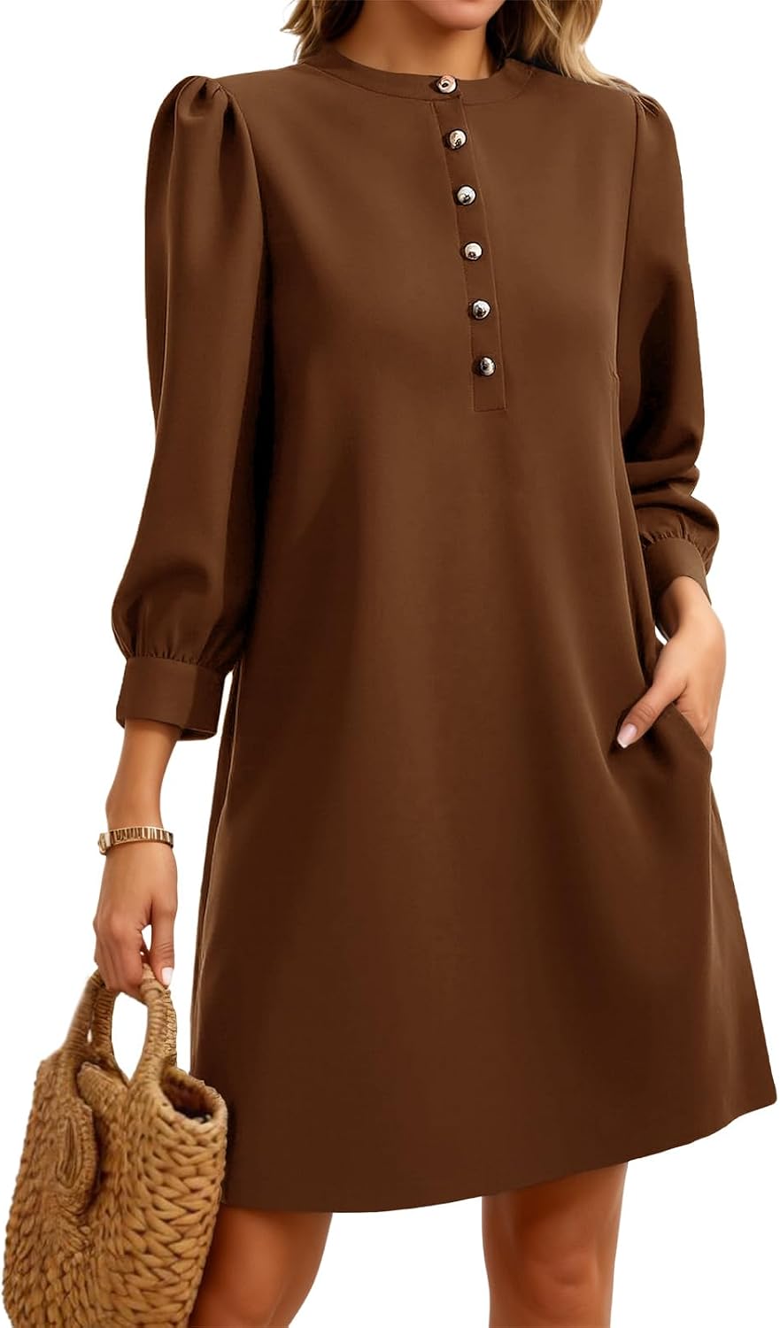 Wenrine Womens 3\/4 Puff Sleeve Mini Dress Button Crewneck Elegant Casual Business Shift Dresses 2026