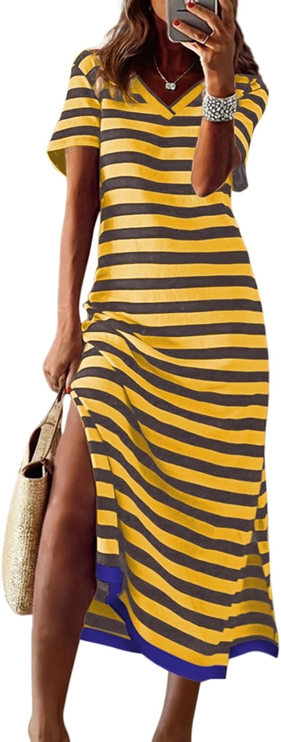 Dokotoo Womens 2026 Short Sleeve Maxi Dress Striped Split T Shirt Dress | Summer Spring Fall,V Neck,Long Dresses,Sundress,Casual Trendy,Vacation Cruise Outfits,Resort Wear