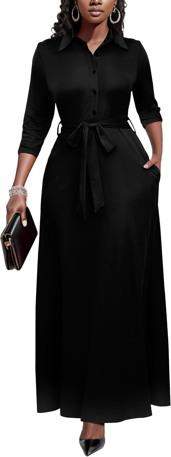 Runwind Womens Maxi Dress 3\/4 Sleeve Button Down Church Dress with Pockets | lapel neck tie waist long dress with belt\/ casual bussiness office dress\/ elegant for wedding guest, dinner party