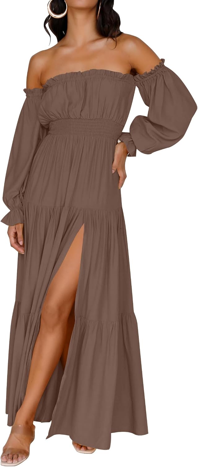 ZESICA Womens Fall Long Sleeve Boho Off Shoulder Maxi Dresses | Sexy Side Split, Flowy A Line, Puff\/Lantern Sleeve, High Waist, 2026 Trendy Long Dress, Wedding Guest Dress, Maternity Dress