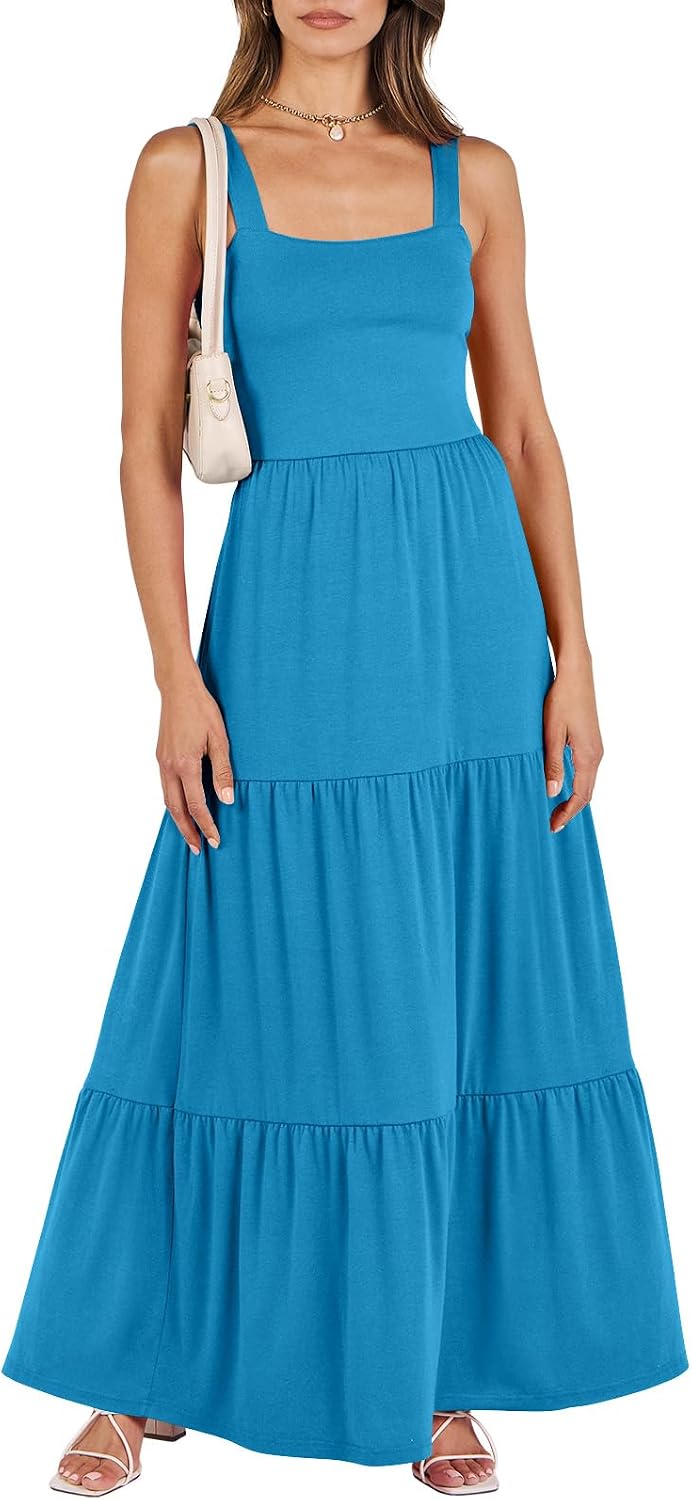 ANRABESS Women's Summer Flowy Maxi Dress Square Neck Sundress with Pockets | Casual Beach Travel Vacation Sleeveless Sun Dress, A-line Boho Tiered Tank Top Long Dresses