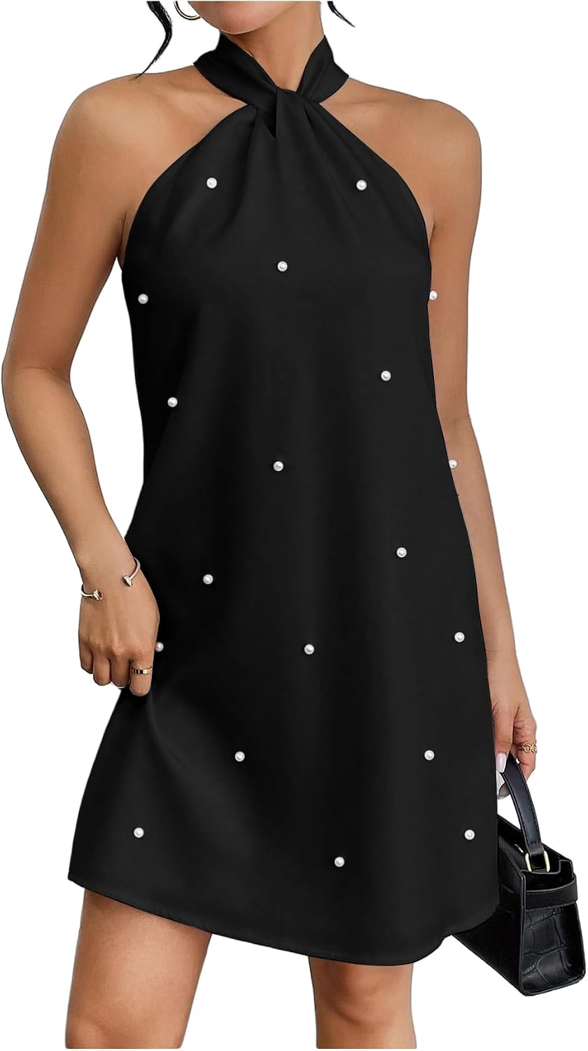 Floerns Women's Pearl Beaded Halter Twist Sleeveless Tie Back Dress | Garden Wedding Guest, Cocktail, Going Out, Pretty A Line, Vacation, Summer, Elegant Casual Outfit
