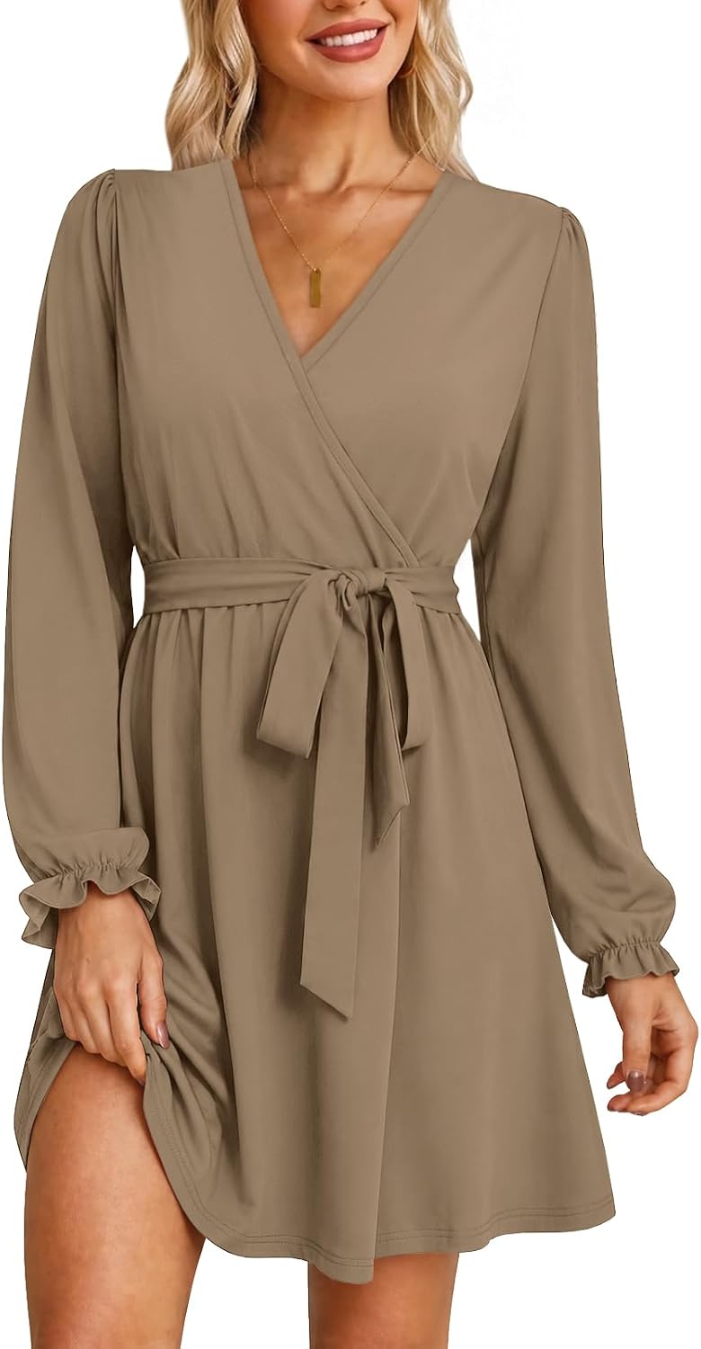 OFEEFAN Womens Wrap V Neck Dress Long Sleeve Belted Fall a Line Dress 2026 | Knee Length Dress,Wedding Guest Dress,Elastic Waist with Belt,Soft Stretch Fabric,Dressy Casual,Solid Floral Prints