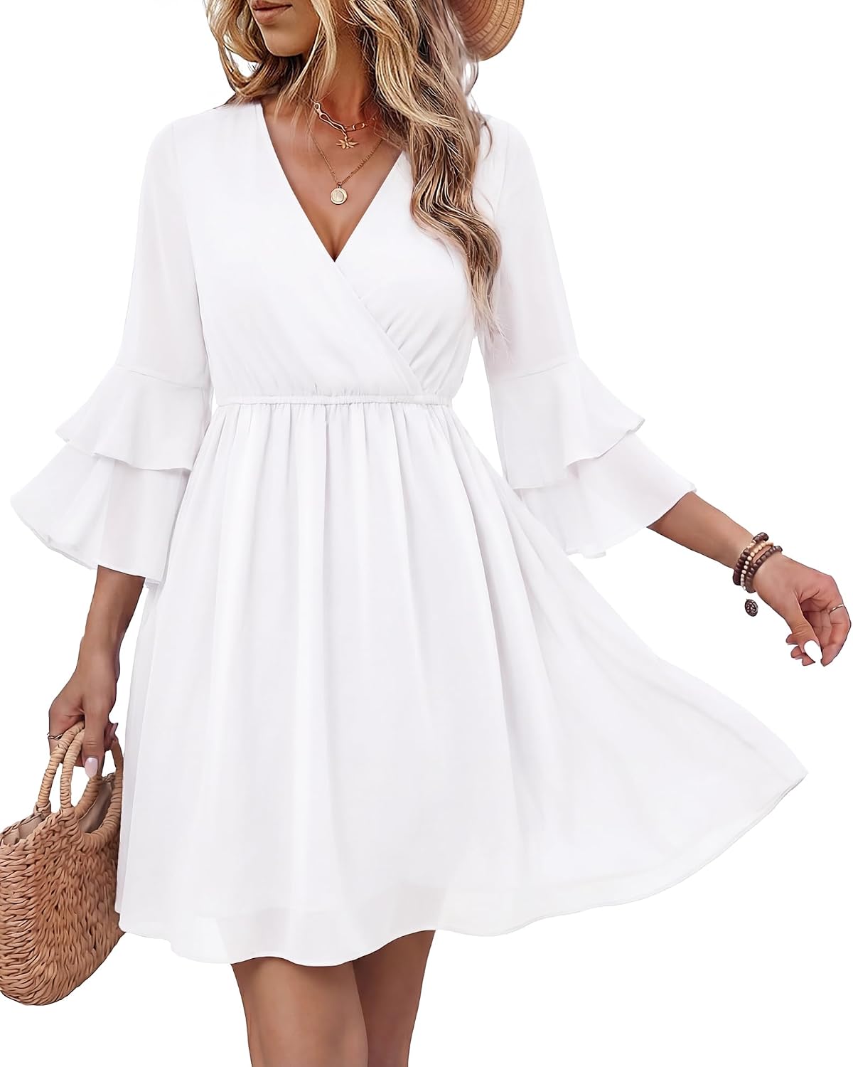 Bebonnie Womens 3\/4 Ruffle Sleeve Spring Summer Casual V Neck Flowy Chiffon Layers Dresses