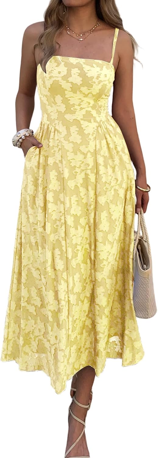 Evzeiem Women's Wedding Guest Spaghetti Strap Maxi Dress with Pockets | Square Neck Floral Jacquard, Flowy A\u2011line Cut, Boho Casual Summer Long Sundress for Cocktail, Bridal Shower & Beach Vacation