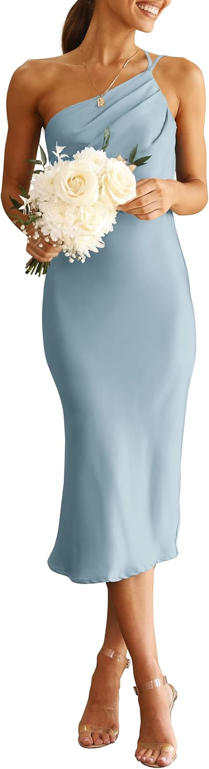 PRETTYGARDEN Women's Satin Backless Midi Cocktail Dress | Silk Fabric, Spaghetti Strap, One Shoulder Asymmetrical, Ruched Bodycon, Wedding Guest Party, Semi Formal Summer Outfits