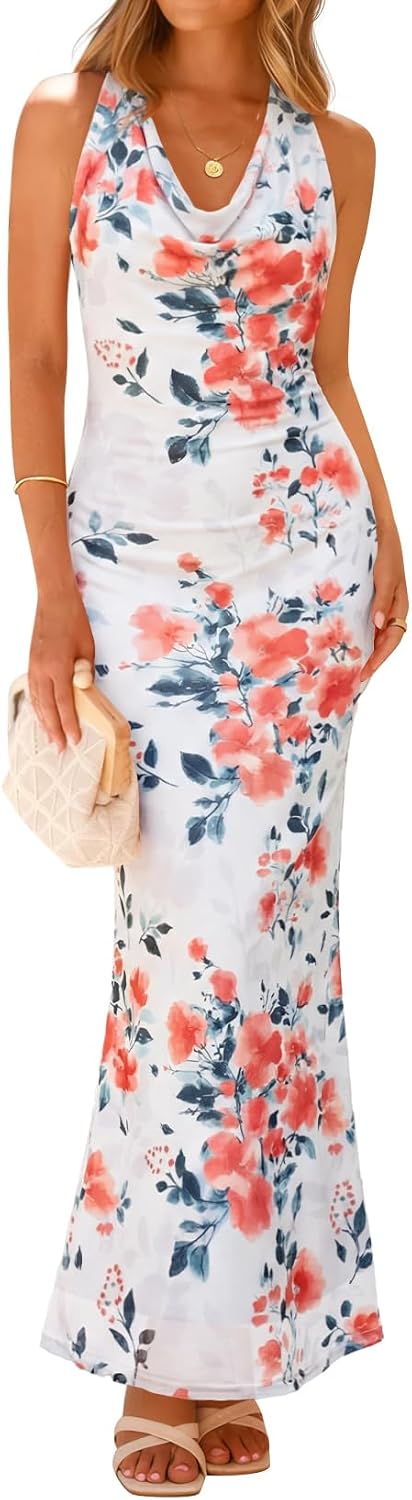 ZESICA Women's Summer Floral Halter Neck Sleeveless Maxi Dress | Elegant Backless Bodycon Long Dresses, Wedding Guest Cocktail Party Vacation Beach Dresses, 2026 Fashion Sundress